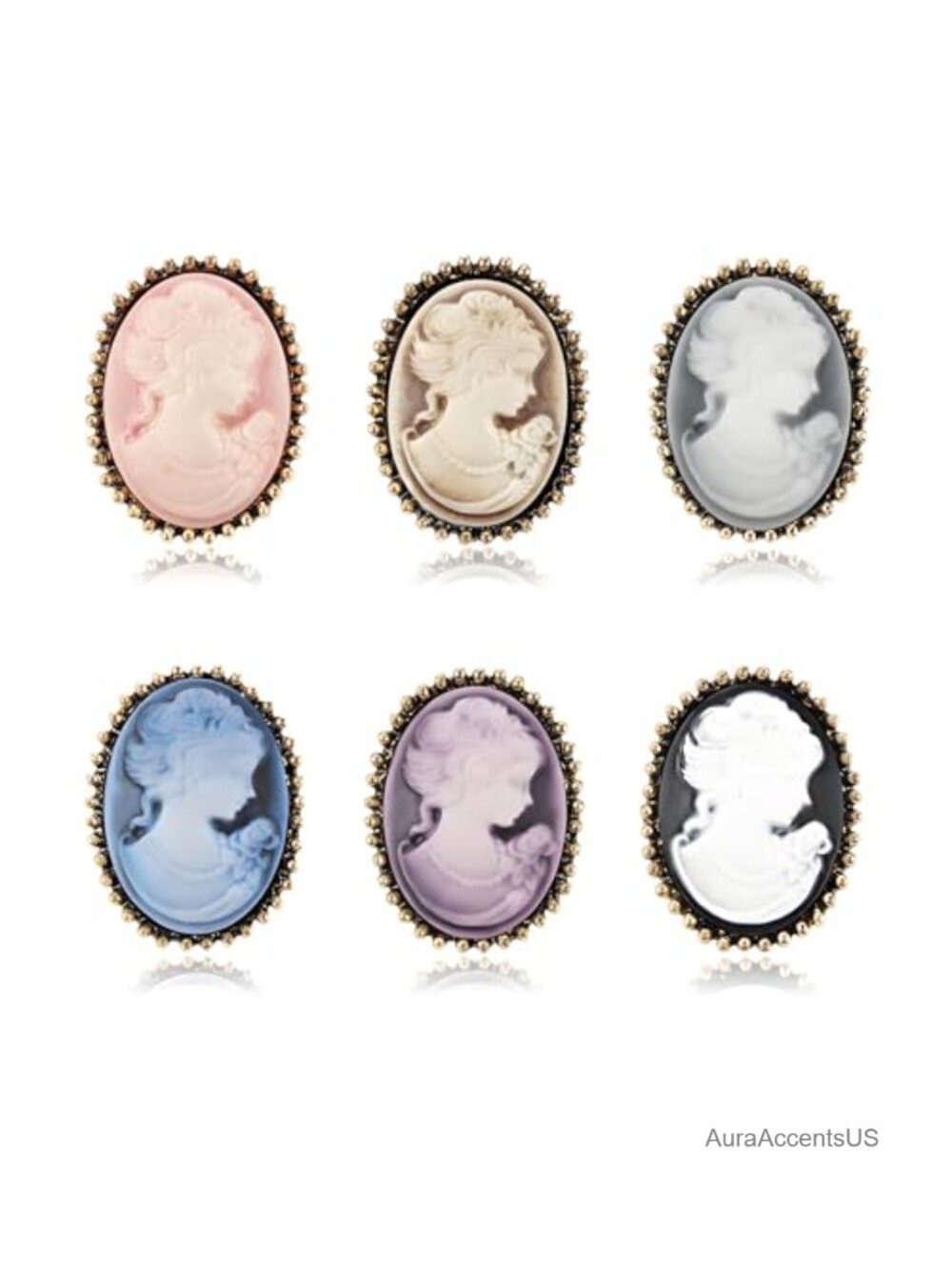 Vintage Cameo Brooch Pin Set Oval Lady Portrait Scarf Lapel Pin